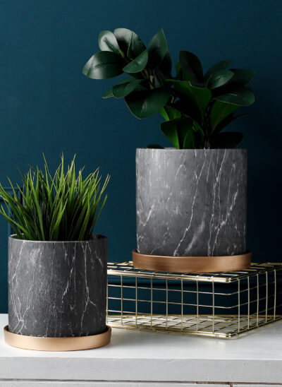 Black Marble Round Plant Pot