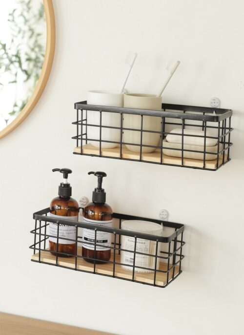 Black Wrought Iron Basket with Wood Base