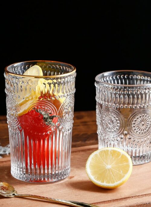 Flower Embossed Drinking Glass with Gold Lid