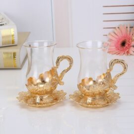 Glass Tea Cup with Gold Saucer and Carvings