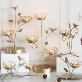 Gold Bird and Leaves Candle Holder Stand