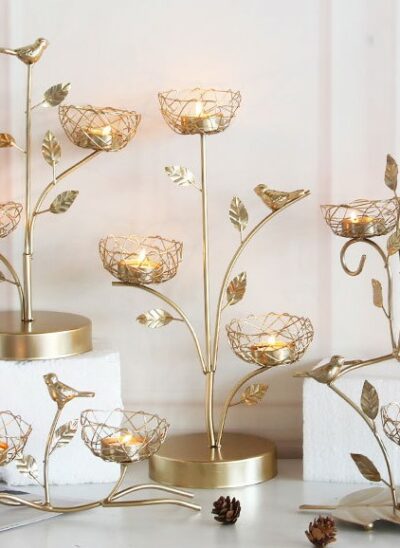 Gold Bird and Leaves Candle Holder Stand