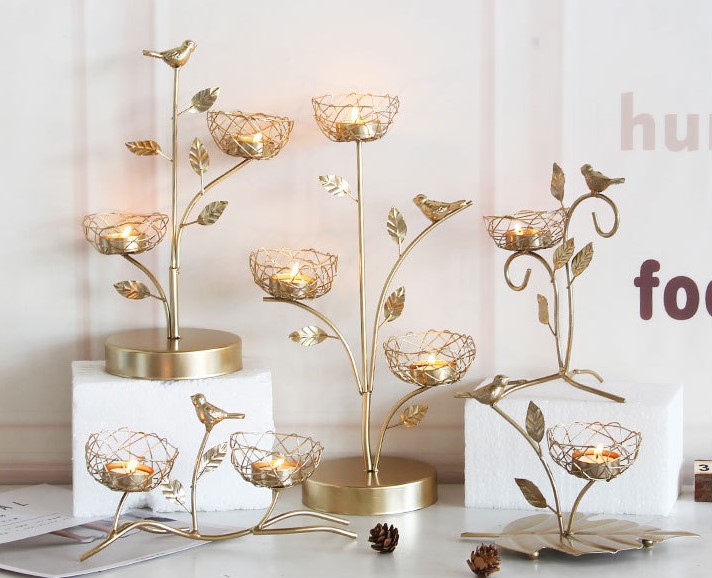 Gold Bird and Leaves Candle Holder Stand