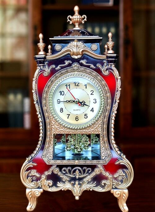 Black and Red Vintage Desk Clock with Gold Carvings