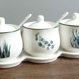 Ceramic Spice Jars with Plant Print Set of Three