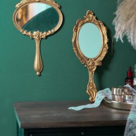 Wall-Hanged Vintage Mirror with Gold Carvings and Handle