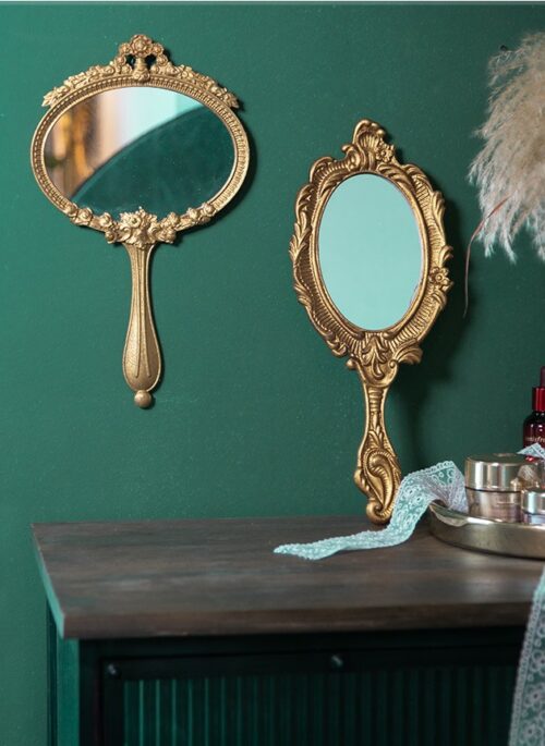 Wall-Hanged Vintage Mirror with Gold Carvings and Handle