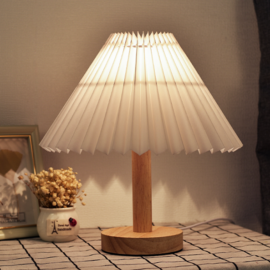 Pleated White Lamp with Wooden Legs and Base