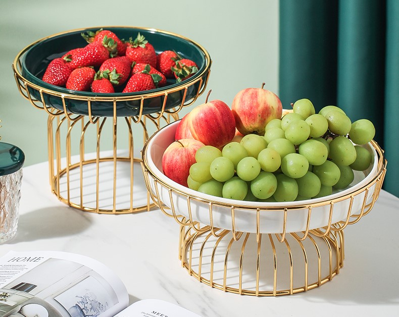 Ceramic Fruit Plate with Gold Metal Stand