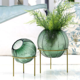 Spherical Green Vase with Leaf Detail
