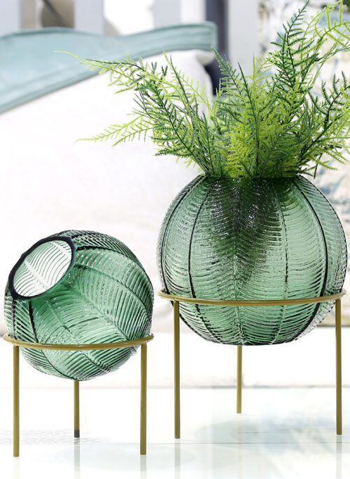 Spherical Green Vase with Leaf Detail