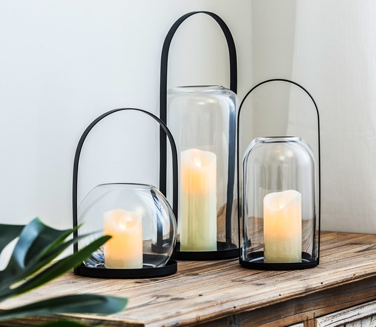 Black Iron Candle Lantern with Handle and Glass Dome