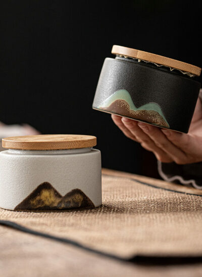 Ceramic Crude Black Tea Tins with Hand-painted Detailing