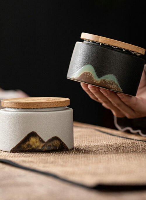 Ceramic Crude Black Tea Tins with Hand-painted Detailing