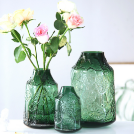 Green Glass Vase with Embossed Leaves Pattern