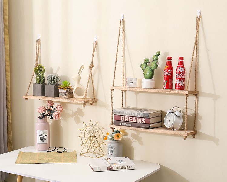 Hanging Wood Shelf with Hemp Rope