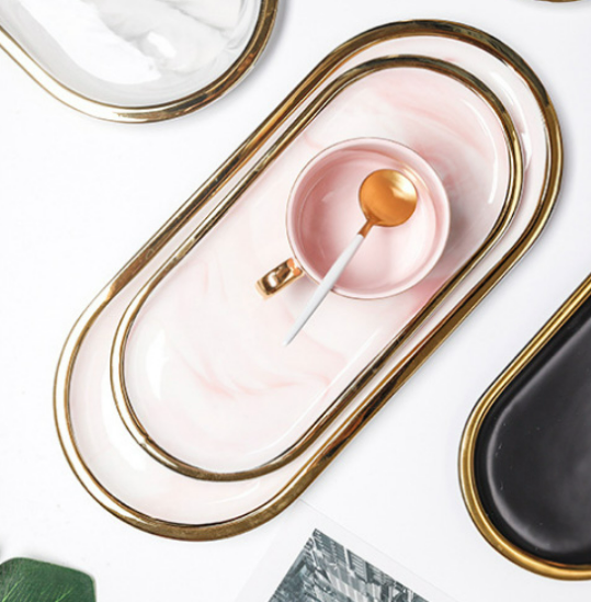 Pink Marble with Gold Lining Oval Tray