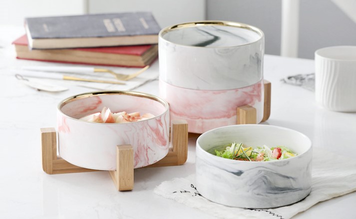 Porcelain Marble with Wood Base Pet Food Bowl