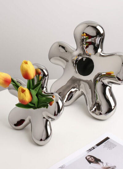 Silver Chrome Ceramic Flower-shaped Vase