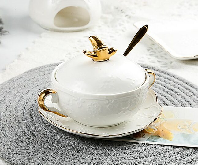 White Embossed Porcelain Bowl with Gold Handle Set