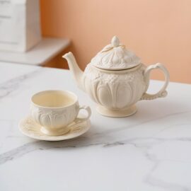 White Porcelain Tea Set with Embossed Detail