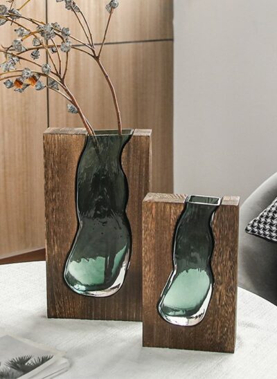 Wood Frame with Green Glass Vase