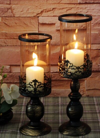 Wrought Iron Black Candelabras with Lace Detailing