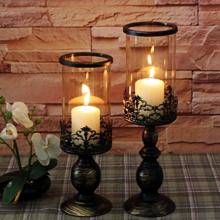 Wrought Iron Black Candelabras with Lace Detailing