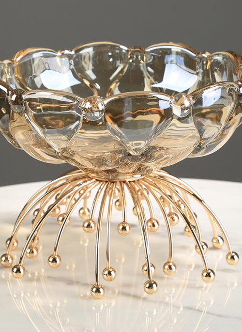 Amber Glass Flower-shaped Bowl with Beaded Base