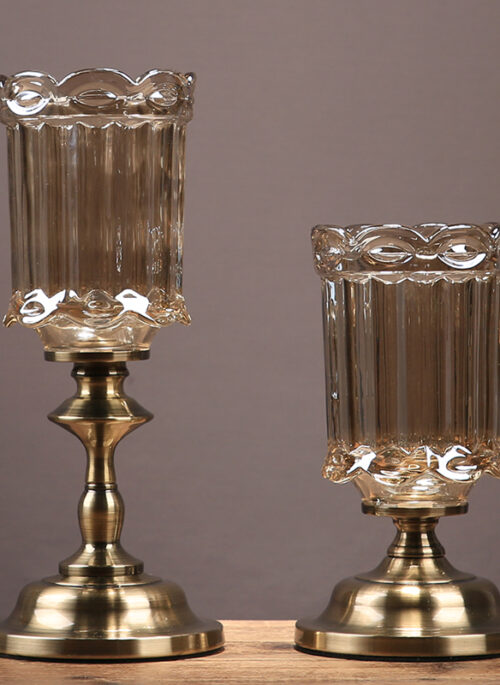 Amber Glass Goblets with Bronze Base