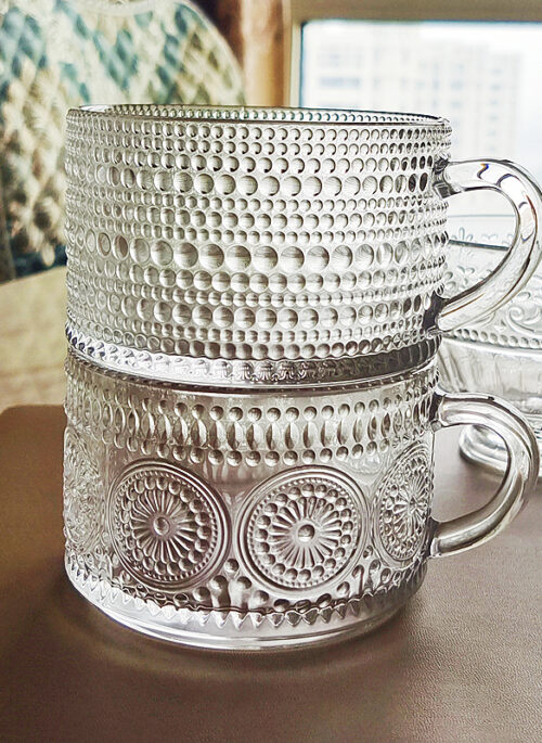 Beaded Flower Embossed Glass Mugs