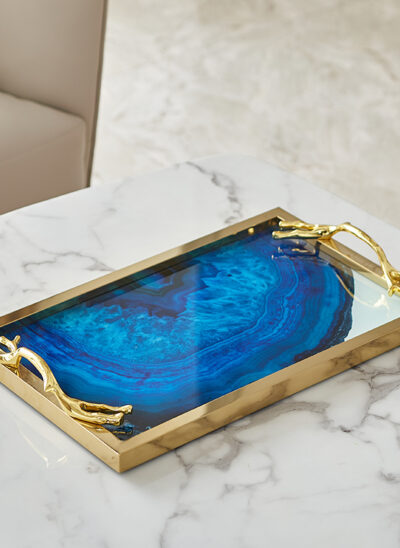 Blue Agate Glass Tray with Branch Handles
