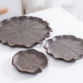 Brown Ceramic Lotus-Shaped Tray Plate