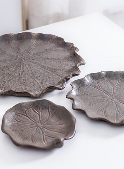 Brown Ceramic Lotus-Shaped Tray Plate