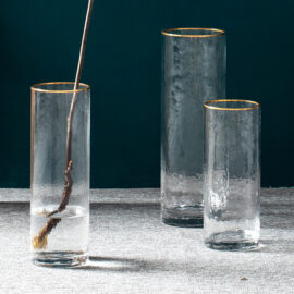 Clear Glass Cylindrical Vases with Gold Rim