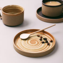 Crude Swirled Ceramic Mug and Saucer with Spoon Set
