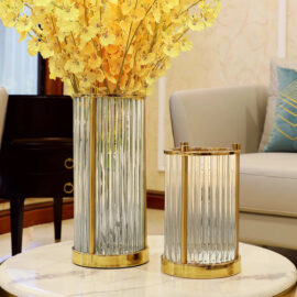 Glass Reeded Circular Vases with Gold Base