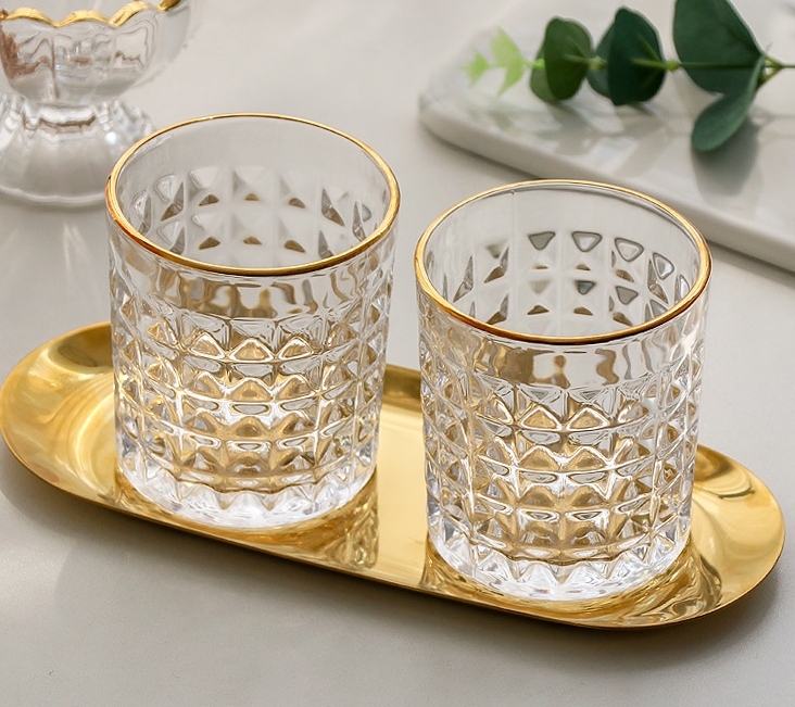 Glass Square Pattern Drinking Glass with Gold Rim