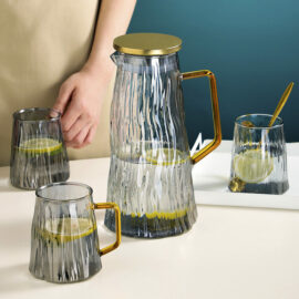 Glass Water Textured Mug and Kettle with Gold Handle