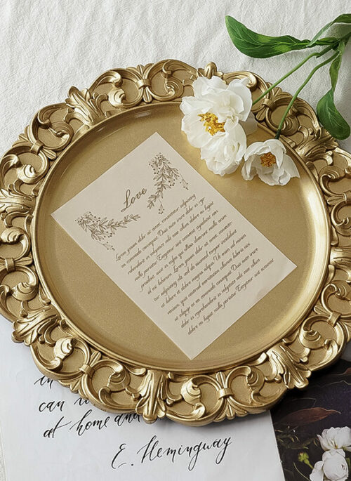 Gold Resin Round Tray Plate with Embossed Baroque Details