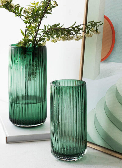 Green Reeded Glass Cylindrical Vases