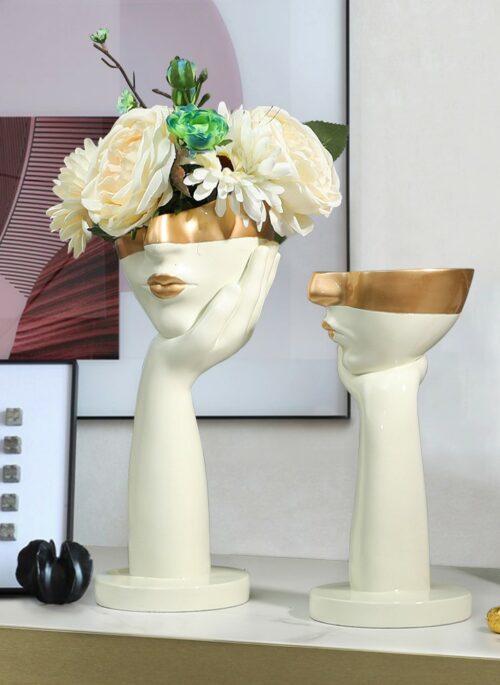 Half Head White Resin Vase with Gold Details