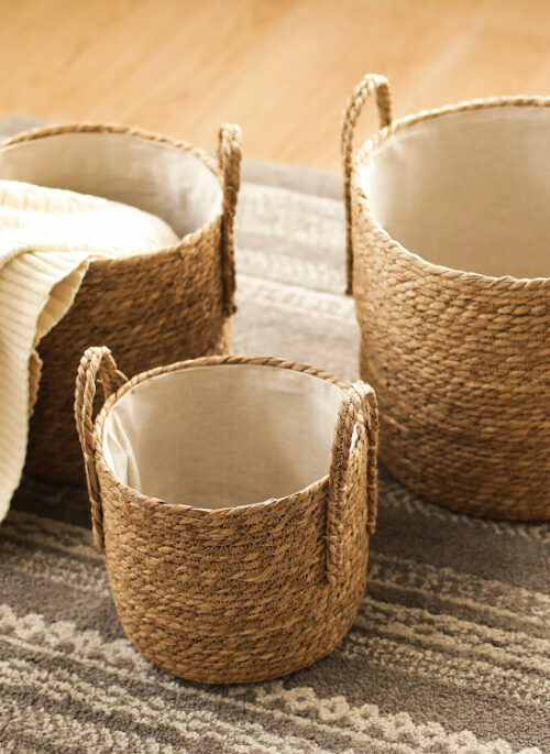 Hand-Woven Cloth Lined Straw Storage Baskets
