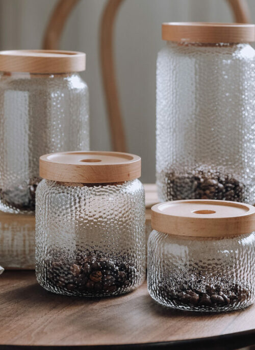 Ice Crystal Textured Glass Jars with Wooden Lid