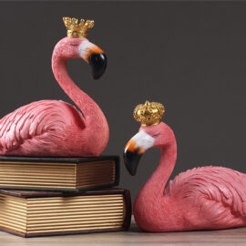Lifelike Pink Flamingo with Gold Crown Figurines