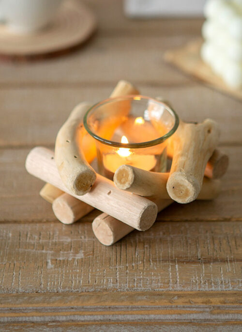 Mini Wood Logs with Glass Candle Holder