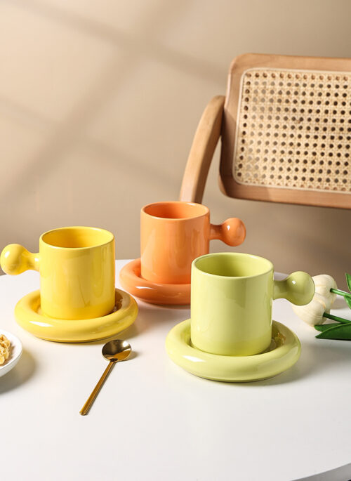 Pastel Knob Handle Ceramic Mug and Saucer Set