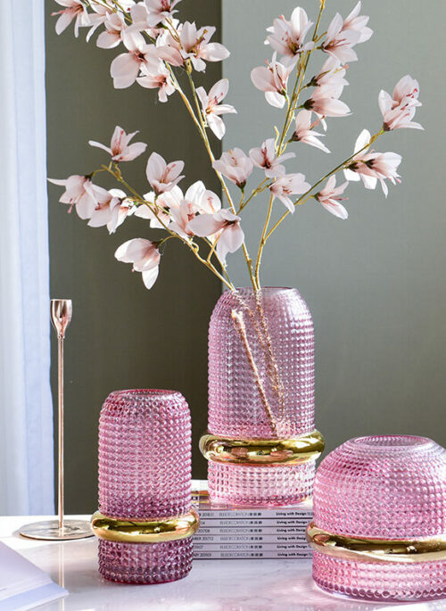 Pink Bubble Glass Vases with Gold Belt
