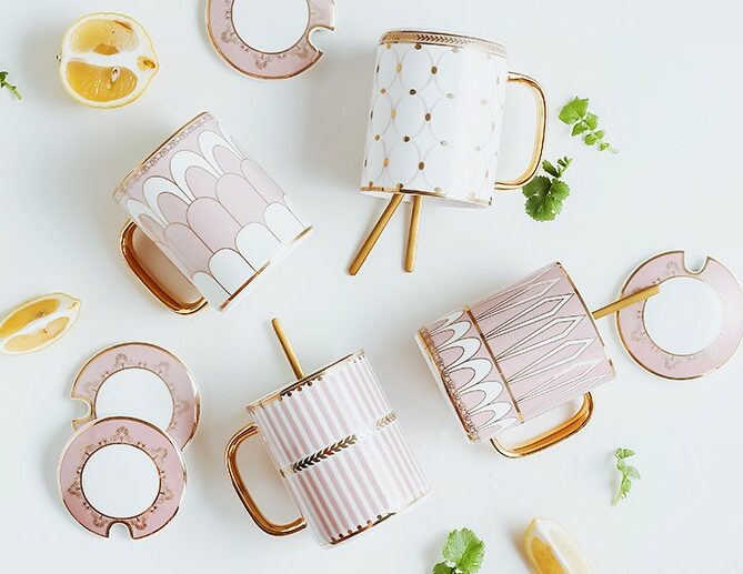 Pink Ceramic Mug with Gold Geometric Print