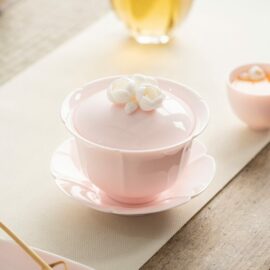 Pink Ceramic Tea Bowl Set with White Flower Handle